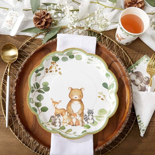 Set of 16 Baby Shower Premium Paper Plates - Woodland, 9 Inch